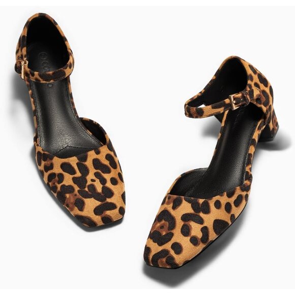 Womens Chunky leopard Heels Ankle Strap Square Toe Dress Pumps Work Party Shoes - Picture 4 of 5